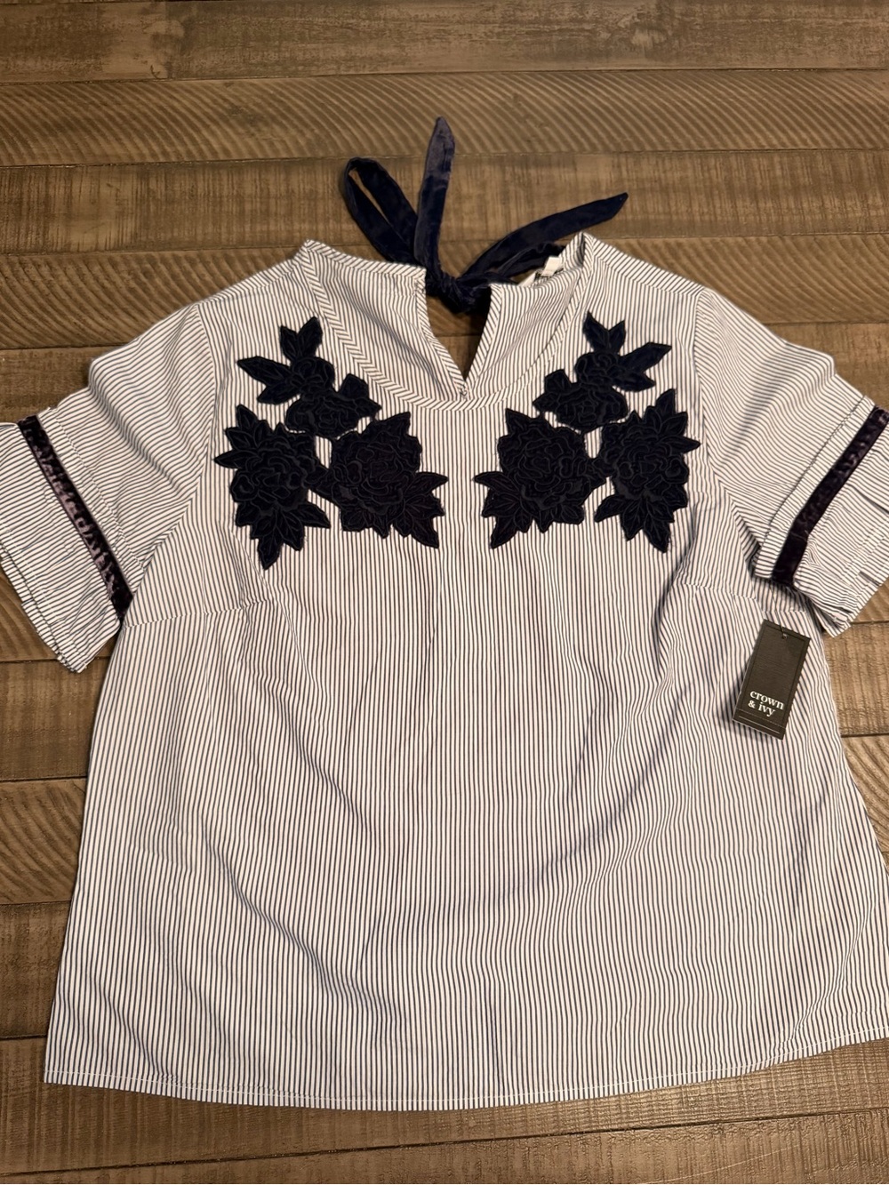 Striped Embroidered Floral Tie-Neck Women’s Top - Crown & Ivy